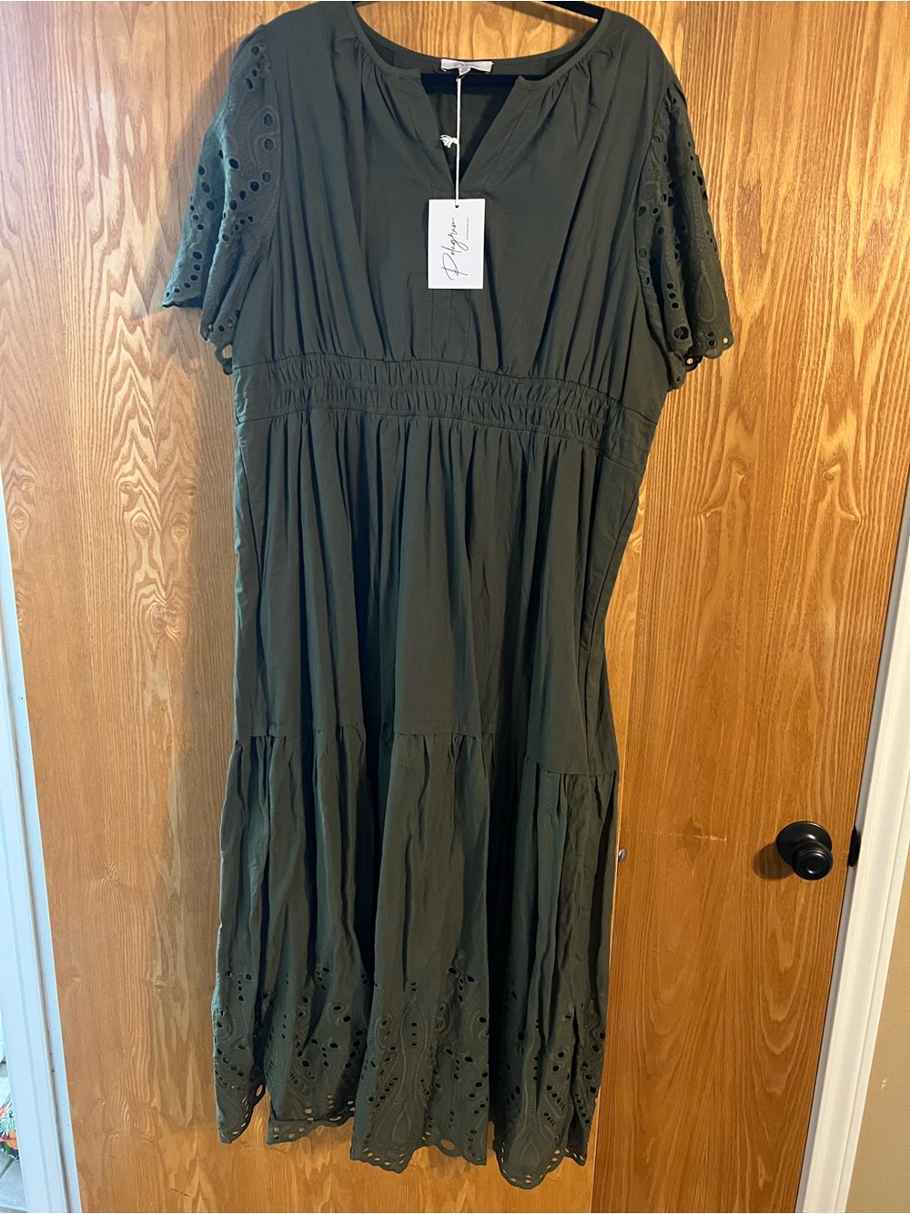Polagram Olive Green Eyelet Tiered Maxi Dress